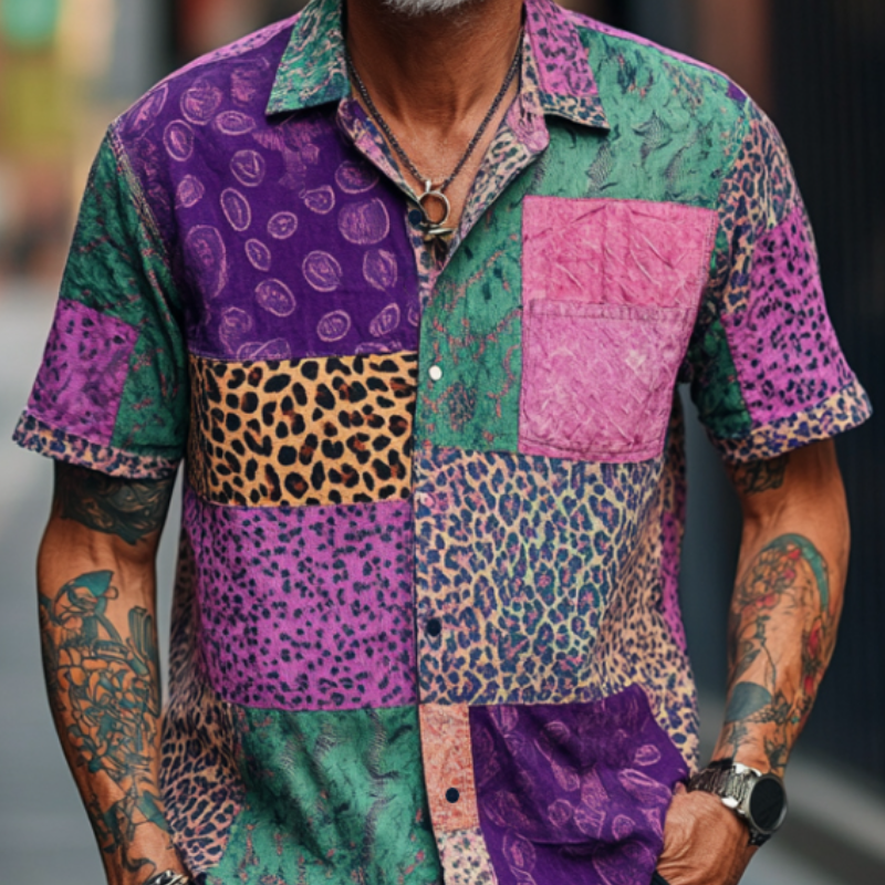Men's Retro Contrast Graphic Print Lapel Loose Short Sleeve Shirt