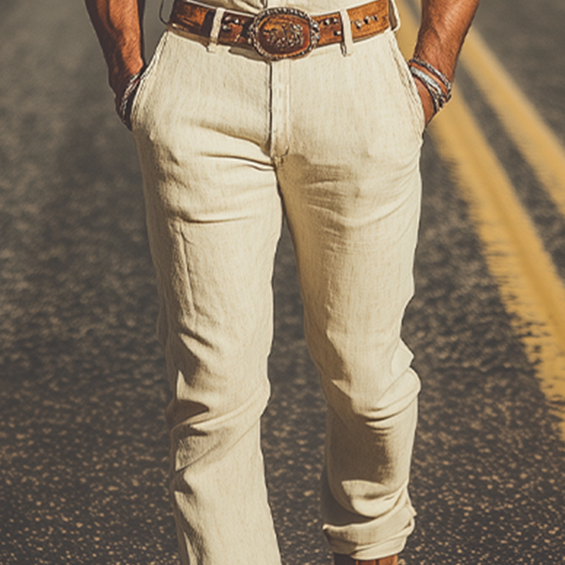 Men's Summer Fashion Casual Western Style Cotton and Linen Embroidered Trousers Jumpsuit