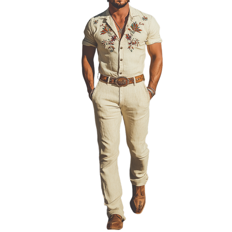 Men's Summer Fashion Casual Western Style Cotton and Linen Embroidered Trousers Jumpsuit