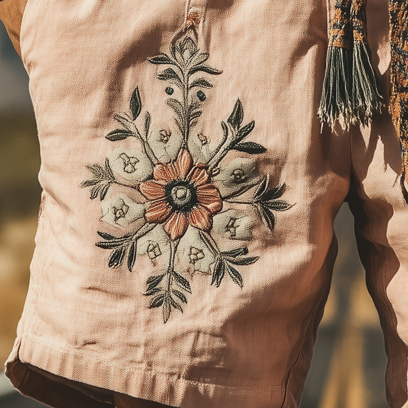 Men's Summer Fashion Casual Western Style Ramie Embroidery Shorts (Without Belt)
