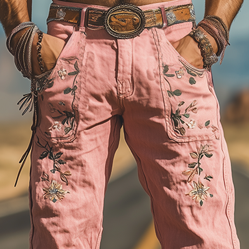 Men's Spring and Summer Fashion Casual Western Style Twill Cotton Embroidered Overalls (Without Belt)