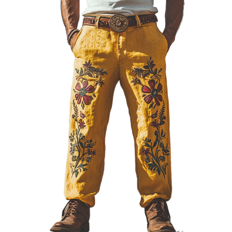 Men's Summer Fashion Casual Western Style Cotton and Linen Embroidered Pants (Without Belt)