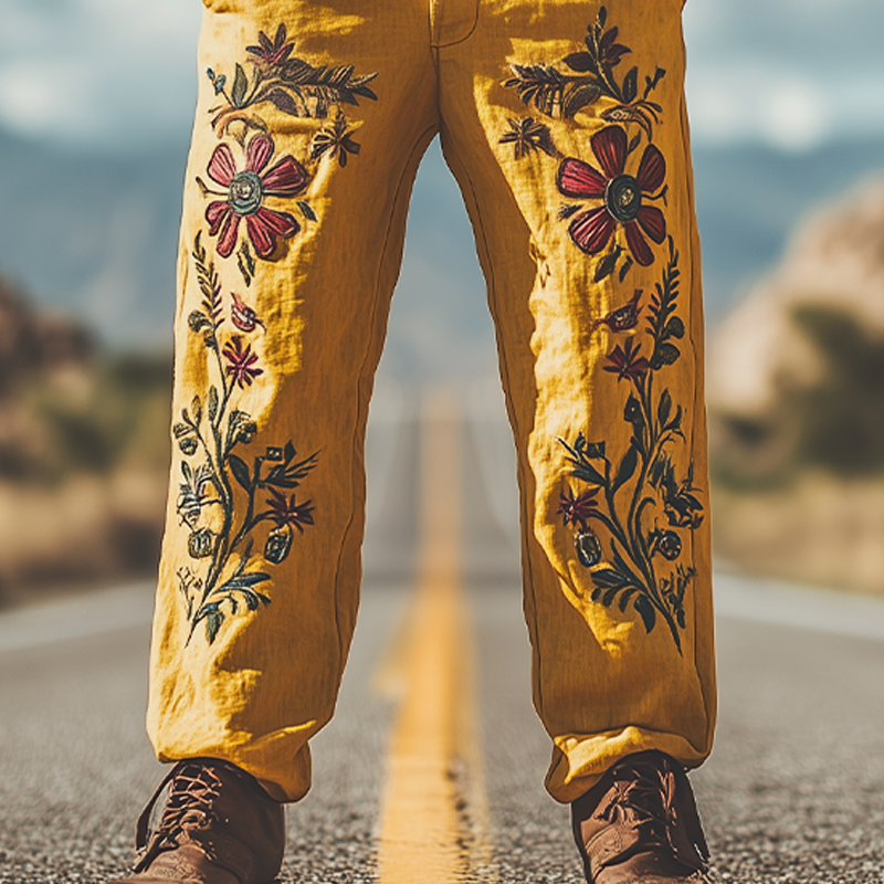 Men's Summer Fashion Casual Western Style Cotton and Linen Embroidered Pants (Without Belt)