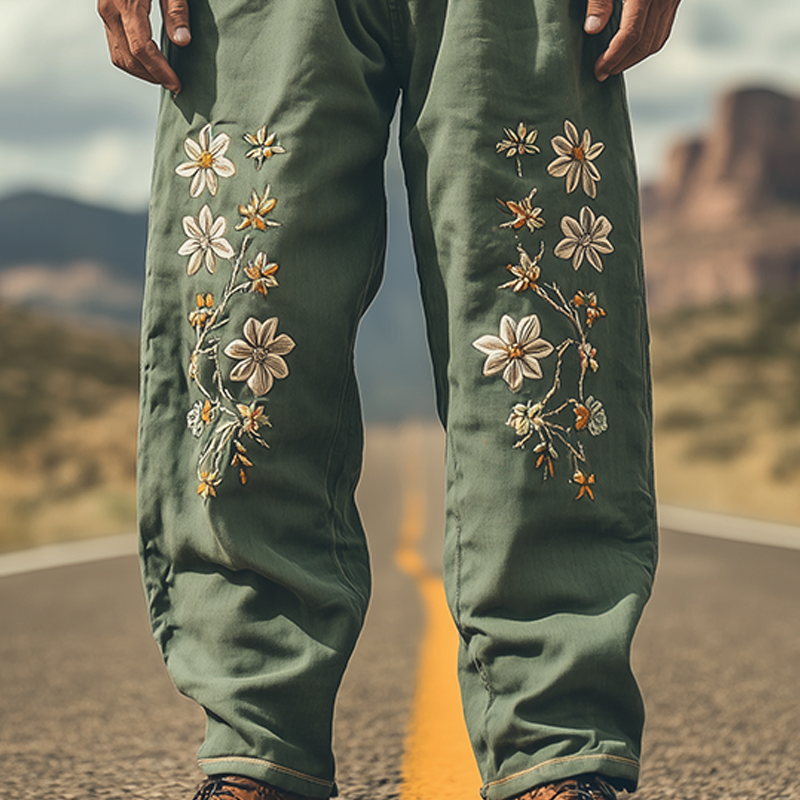 Men's Spring and Summer Fashion Casual Western Style Cotton and Linen Embroidered Pants