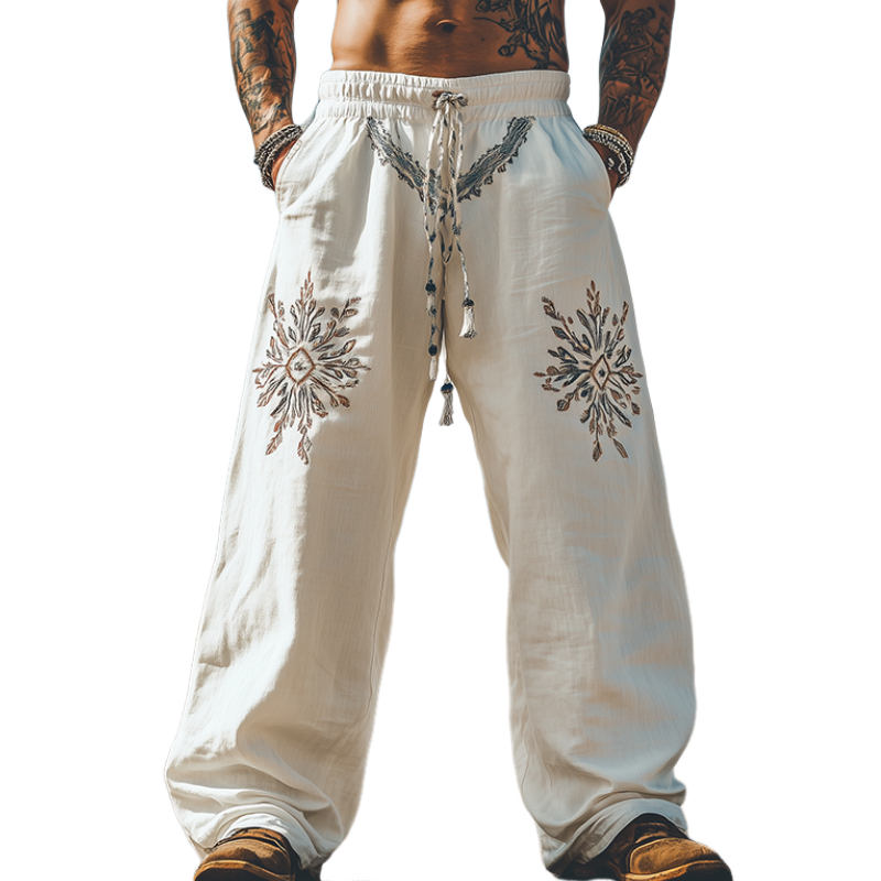 Men's Summer Fashion Casual Western Style Elastic Waist Cotton and Linen Embroidered Pants