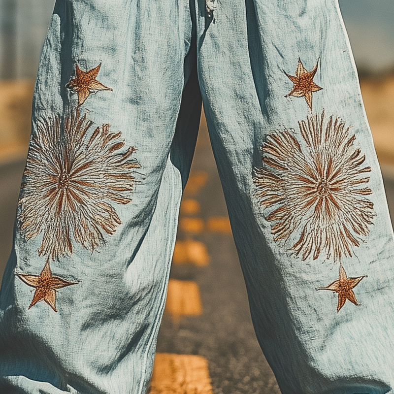 Men's Summer Fashion Casual Western Style Loose Elastic Waist Ramie Embroidery Pants