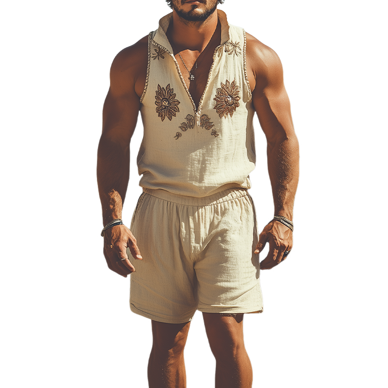 Men's Summer Fashion Western Style Cotton and Linen Stand Collar Embroidered Vest Elastic Waist Shorts Set