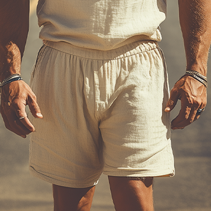 Men's Summer Fashion Western Style Cotton and Linen Stand Collar Embroidered Vest Elastic Waist Shorts Set