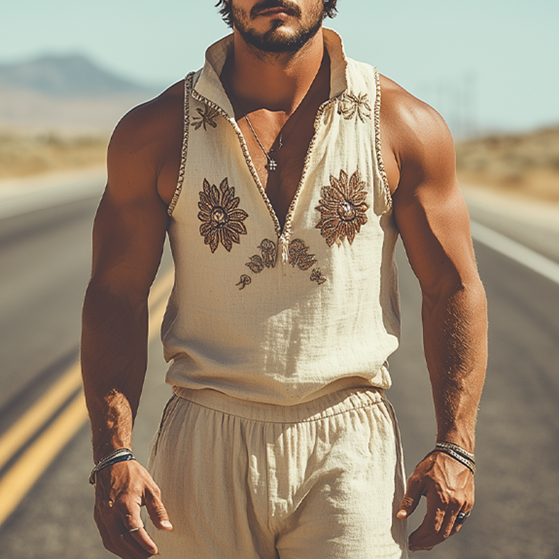 Men's Summer Fashion Western Style Cotton and Linen Stand Collar Embroidered Vest Elastic Waist Shorts Set
