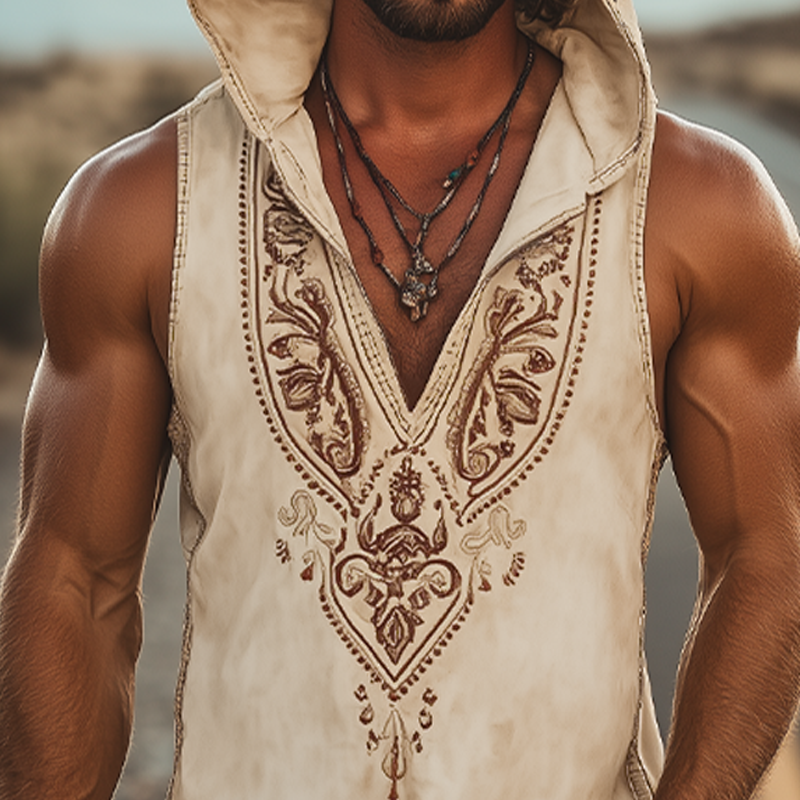 Men's Summer Fashion Retro Western Style Deep V Neck Hooded Suede Embroidered Tank Top