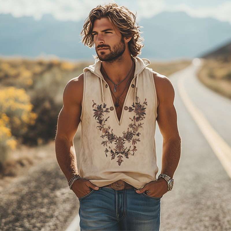 Men's Summer Casual Retro Western Style Deep V-Neck Hooded Suede Embroidered Tank Top