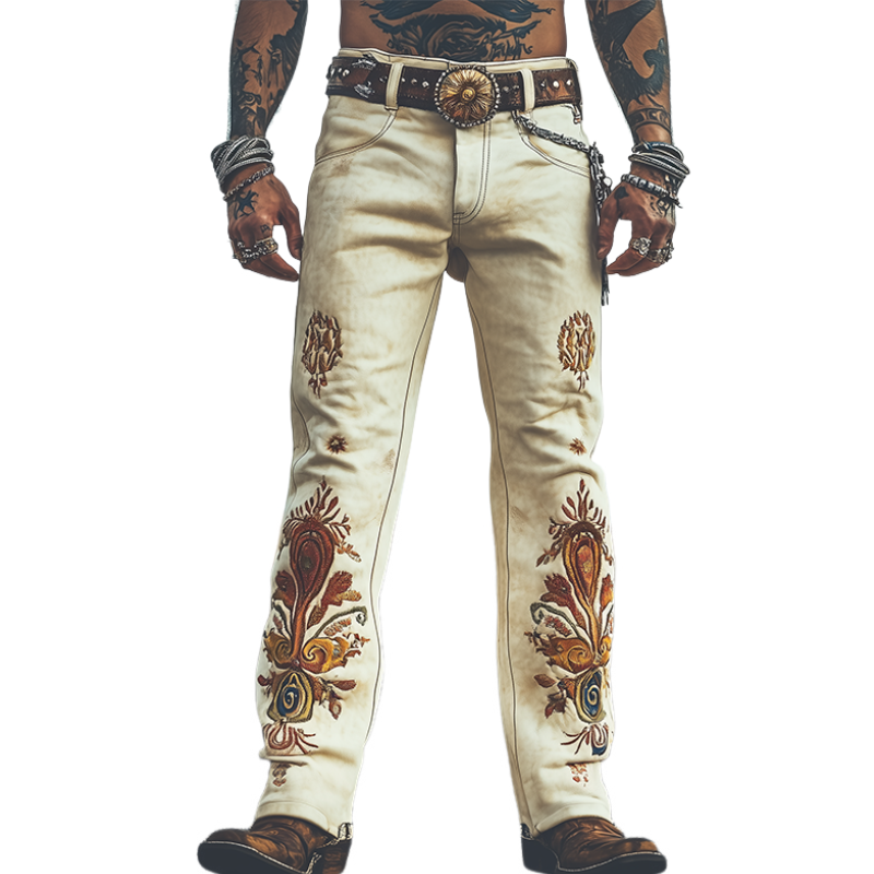 Men's Spring Fashion Retro Western Style Suede Embroidered Pants