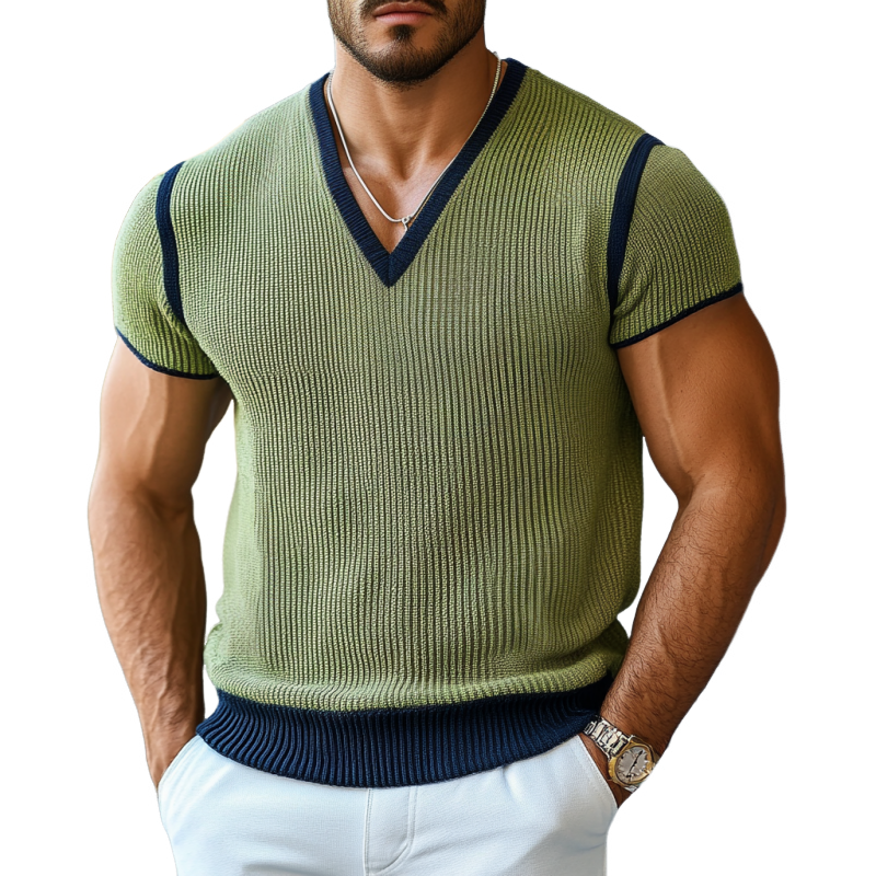 Men's Casual Contrast Color V-Neck Soft Slim Fit Knitted Short Sleeve Sweater T-Shirt ASW1750D4M