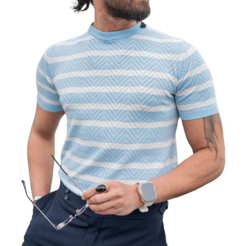 T-shirt décontracté à manches courtes et col montant pour homme, tricot respirant à rayures ondulées, ASW1595D0M