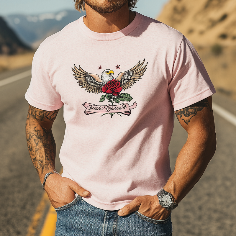 T-shirt à manches courtes pour homme, décontracté et tendance, en coton mélangé, avec broderie aigle à tête blanche et rose