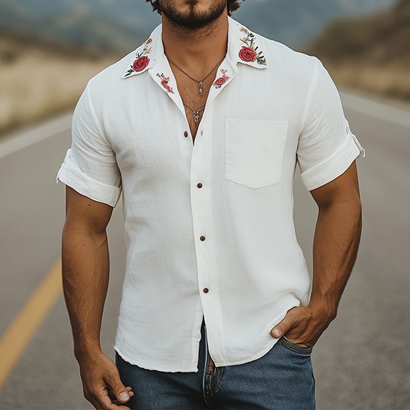 Chemise d'été décontractée à manches courtes en coton et lin pour homme, col cubain, broderie de roses