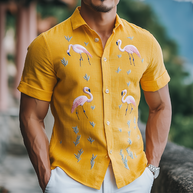 Chemise d'été à manches courtes pour homme, style hawaïen, en coton et lin, brodée de flamants roses