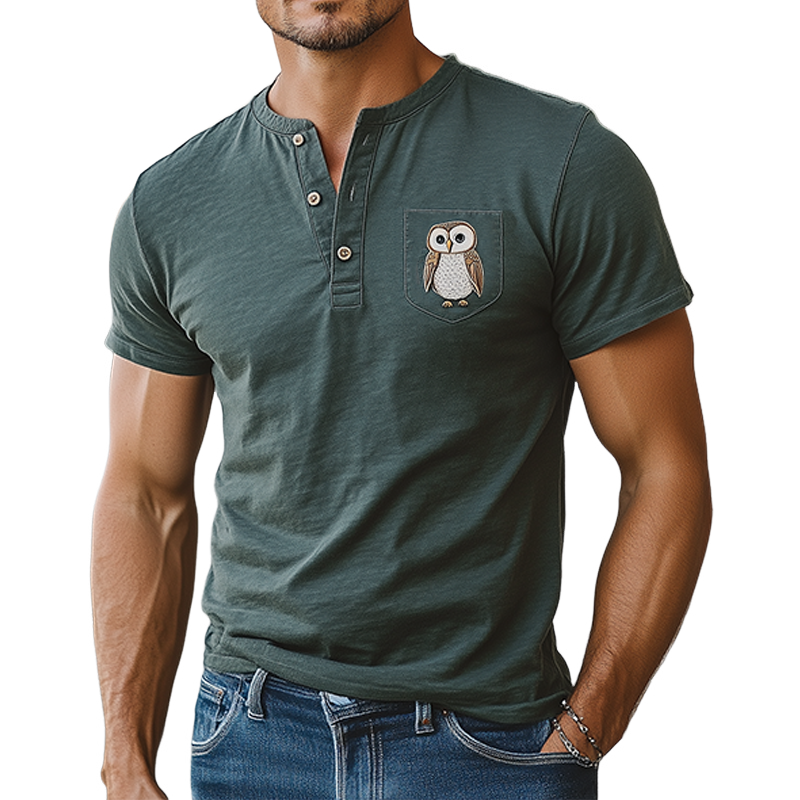 T-shirt d'été décontracté en coton mélangé pour homme, coupe ajustée, col Henley, poche, broderie animalière, manches courtes
