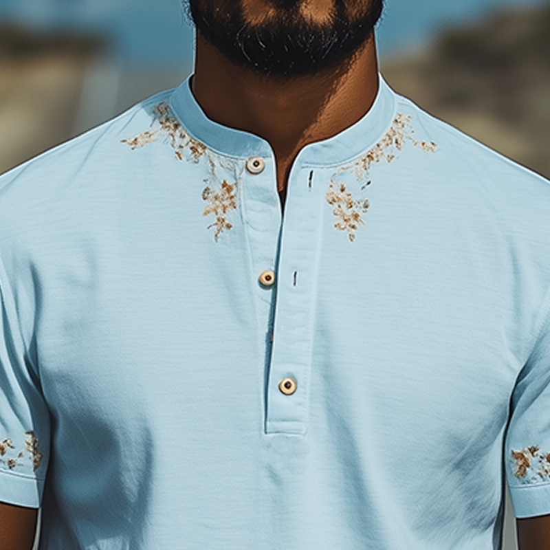 Men's Summer Fashion Casual Henley Collar Cotton Blend Osmanthus Embroidered Short Sleeve T-Shirt