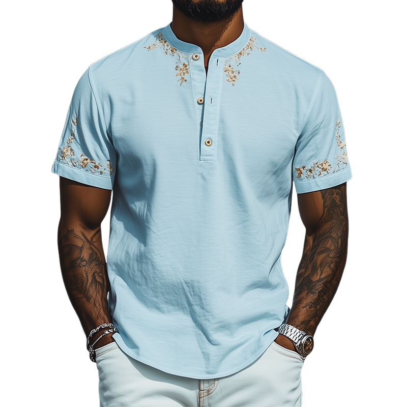 Men's Summer Fashion Casual Henley Collar Cotton Blend Osmanthus Embroidered Short Sleeve T-Shirt