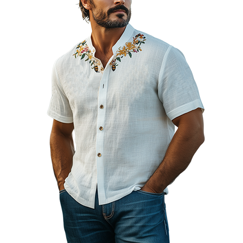 Men's Summer Casual Hawaiian Style Stand Collar Cotton and Linen Embroidered Short-sleeved Shirt