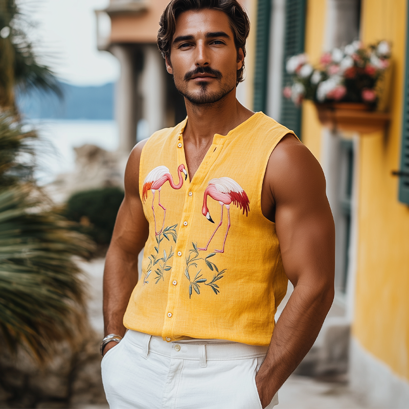 Débardeur d'été décontracté en coton et lin pour homme, style hawaïen, brodé de flamants roses