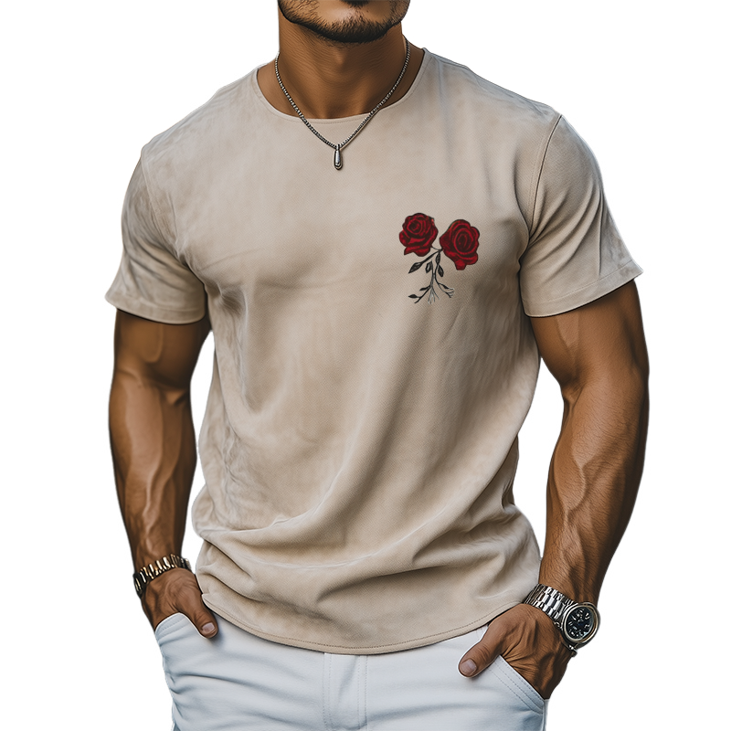 Men's Summer Fashion Casual Thin Suede Rose Embroidered Short Sleeve T-shirt