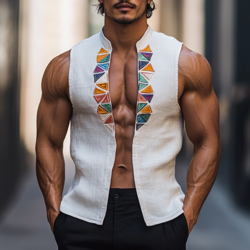 Men's Casual Linen Stand Collar Colorful Triangle Embroidery Sleeveless Shirt