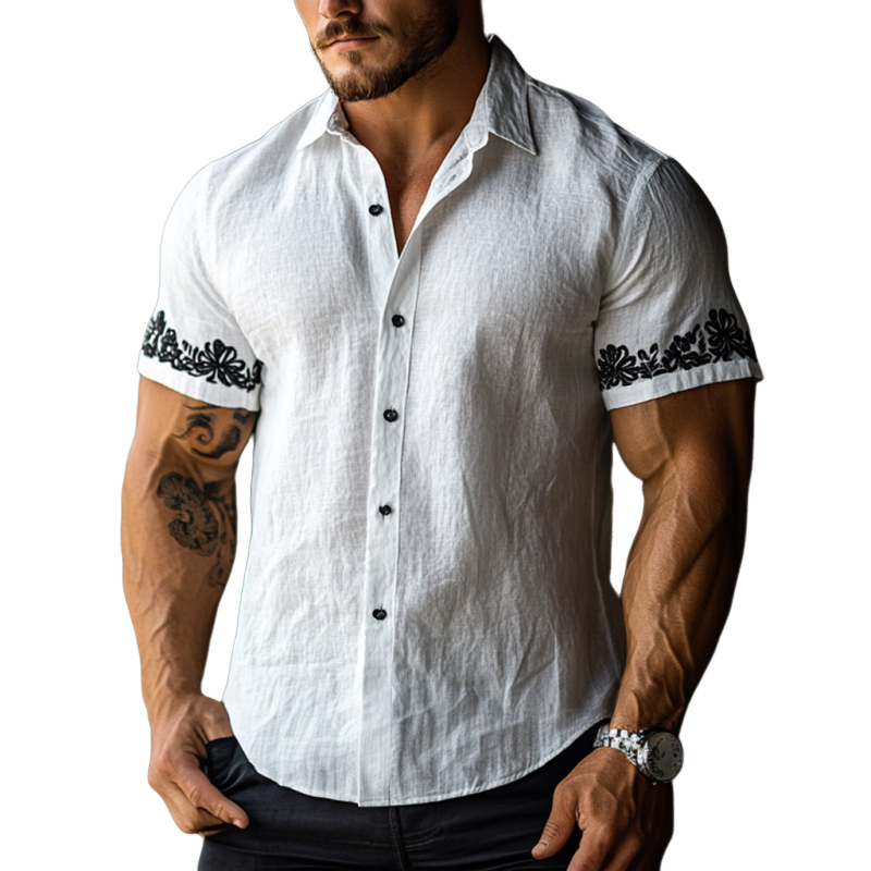 Men's Casual Floral Embroidered Linen Lapel Slim Fit Short Sleeve Shirt