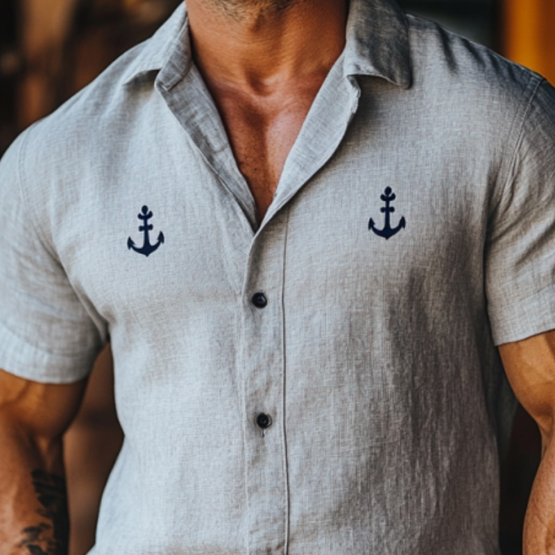 Men's Casual Anchor Embroidery Linen Lapel Slim Fit Short Sleeve Shirt