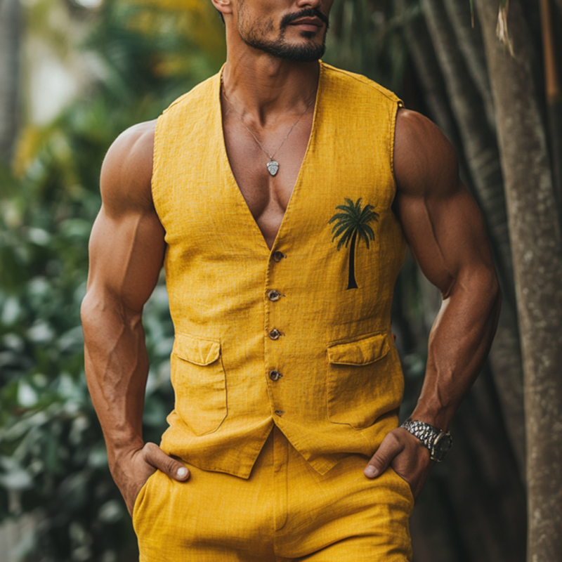 Gilet de costume décontracté pour homme, coupe slim, col en V, simple boutonnage, broderie palmier, lin