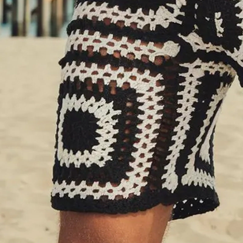 Men's Summer Geometric Pattern Hollow Breathable Comfortable Knitted Shorts ASW2245D6P