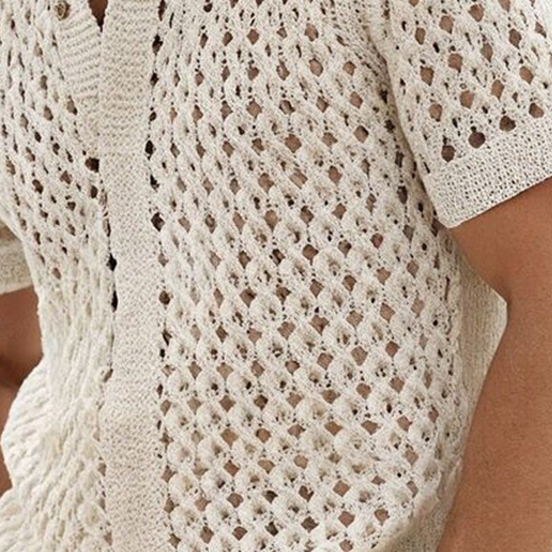 Men's Summer Fashion Hollow Breathable Comfortable Knitted Short Sleeve Shirt ASW2244D4P