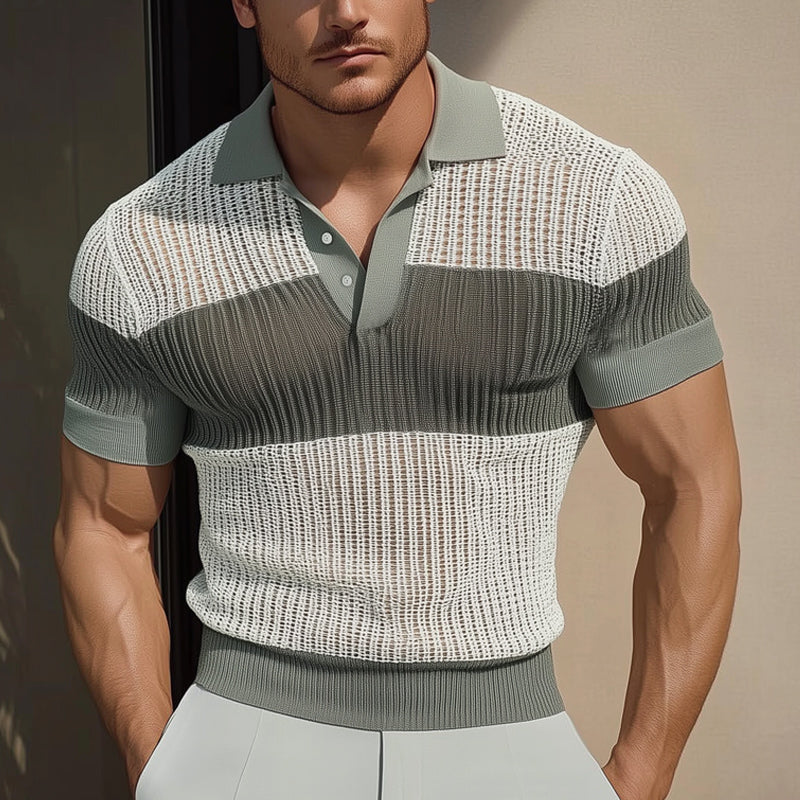 Men's Summer Business Colorblock Knitted Mesh Polo Neck T-Shirt ASW2332D8U