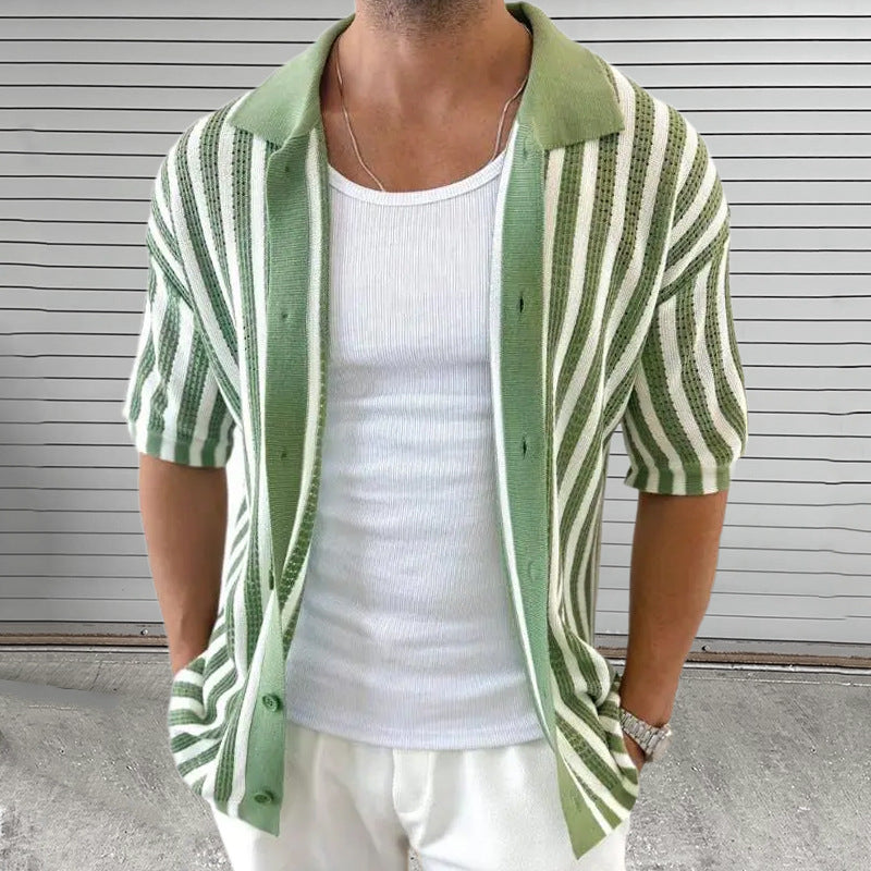 Men's Summer Casual Striped Knitted Short Sleeve Shirt ASW2334D8X