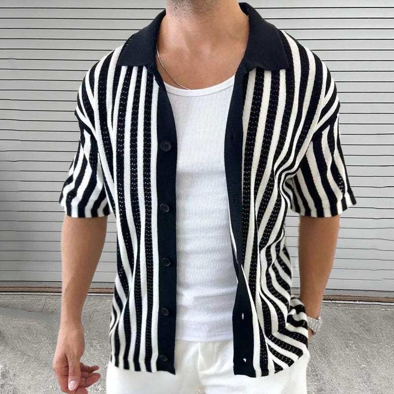Men's Summer Casual Striped Knitted Short Sleeve Shirt ASW2334D8X