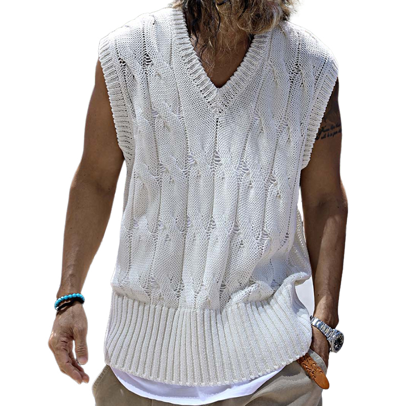 Men's Retro Casual Solid Color Knitted Crew Neck Tank Top ASW2265D3TO