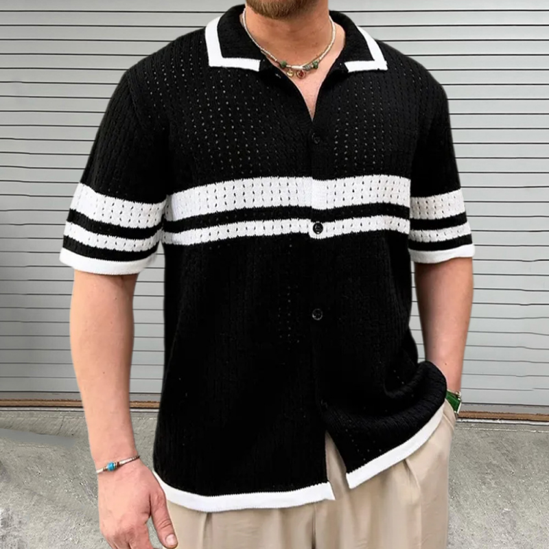 Men's Casual Color Block Striped Lapel Single Breasted Slim Fit Knitted Short Sleeve Shirt ASW2758D3M