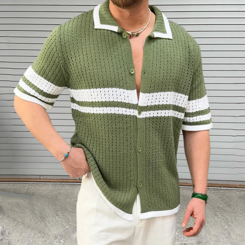 Men's Casual Color Block Striped Lapel Single Breasted Slim Fit Knitted Short Sleeve Shirt ASW2758D3M