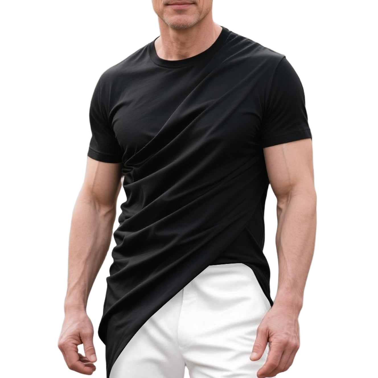 T-shirt plissé beige décontracté à la mode pour homme