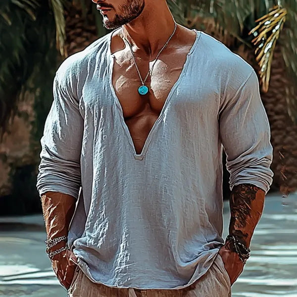 Herren-Oberteil im Bohemian-Urlaubsstil, Vintage-Stil, bedrucktes Leinen, lässig, langärmelig