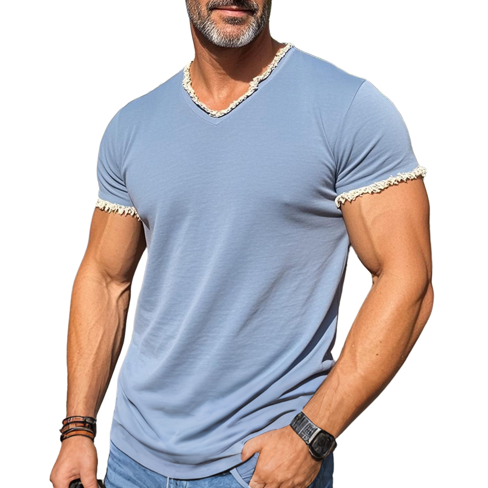 Men's fashionable and casual fringed short-sleeved T-shirt