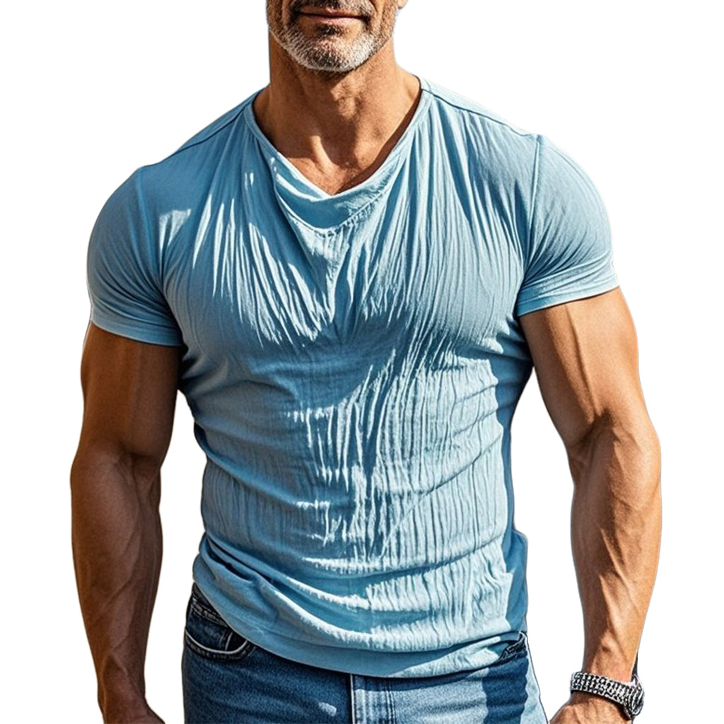 Modisches, lässiges, blaues, plissiertes Kurzarm-T-Shirt für Herren