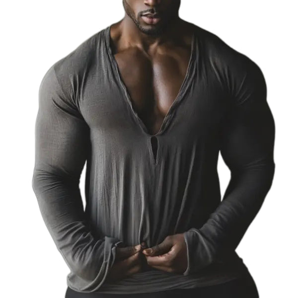 Men's Casual V-neck Comfortable Breathable Linen Long-sleeved T-shirt Linen Pullover Top