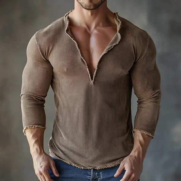 Retro Men's Casual V-neck Comfortable Breathable Long-sleeved T-shirt Casual Fitness Slim T-shirt