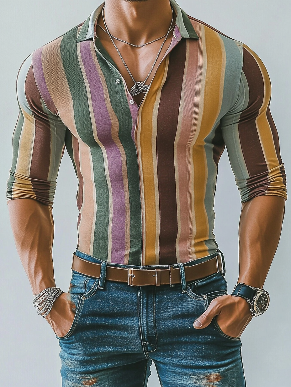 Men's fashionable casual multi-color striped long-sleeved polo shirt