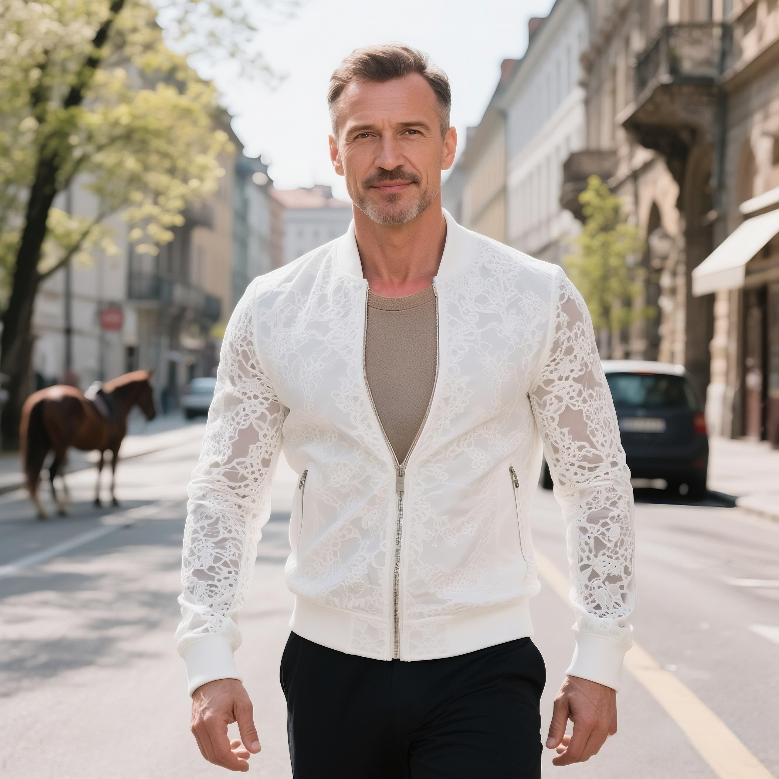Men's fashionable and casual white lace jacket