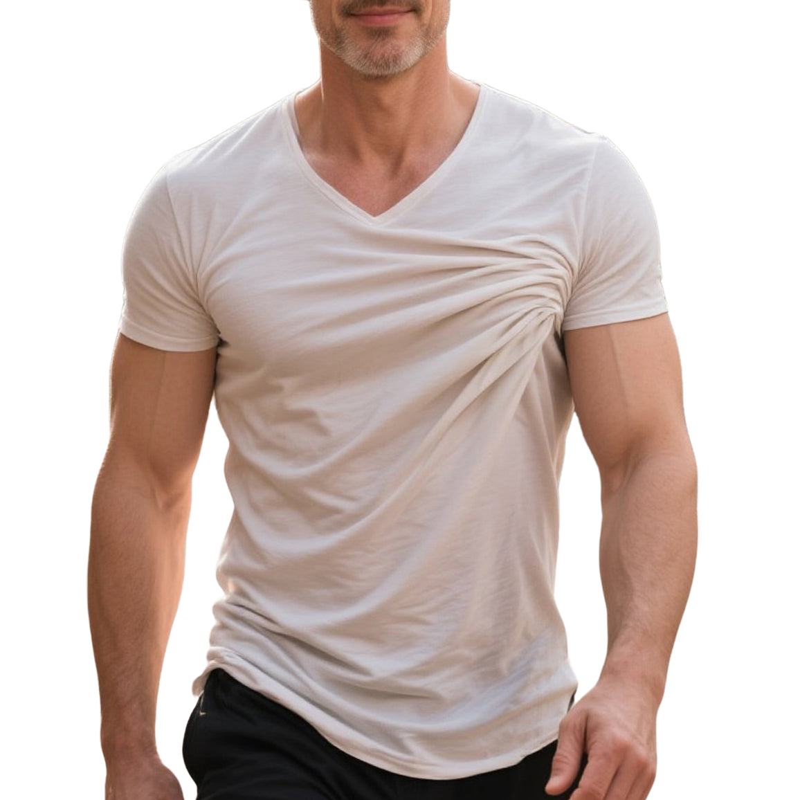T-shirt plissé beige décontracté à la mode pour homme