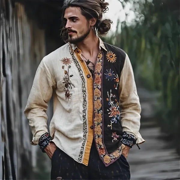 Herrenhemd aus Leinenmischung mit Blumenstickerei und Boho-Hippie-Print in Kontrastfarbe