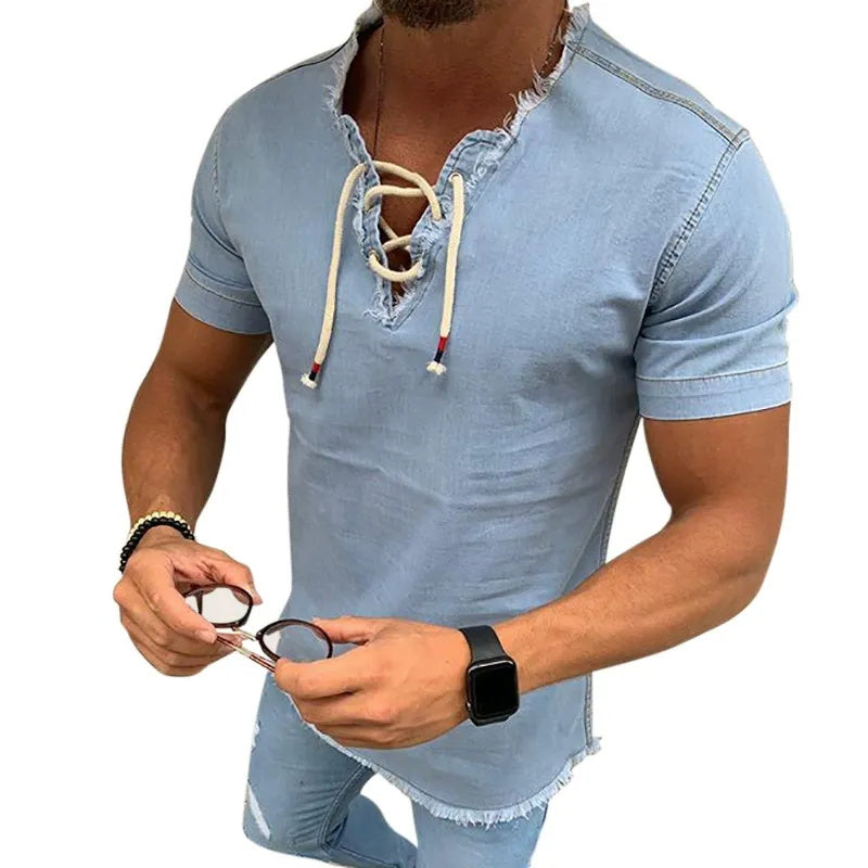 Men's solid-color denim lace-up short-sleeved T-shirt